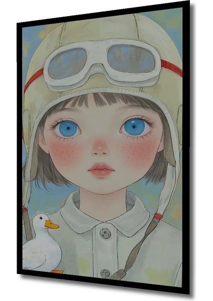 Masum Pilot Kız ve Sevimli Ördek Sulu Boya Görünümlü Ahşap Dekoratif Tablo Dikdörtgen Tablo indirimleri