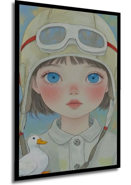 Masum Pilot Kız ve Sevimli Ördek Sulu Boya Görünümlü Ahşap Dekoratif Tablo Dikdörtgen Tablo