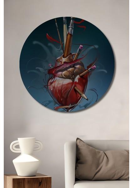 Kalpten Sanata Fırçalarla Yağlı Boya Görünümlü Ahşap Dekoratif Tablo Yuvarlak Tablo