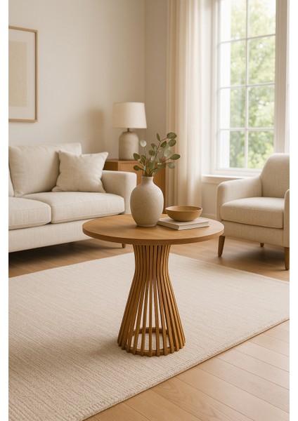 Palermo Yuvarlak Modern Klasik Rustik Retro Vintage Naturel Dekoratif Ahşap Çıtalı Yan Mantar Sehpa