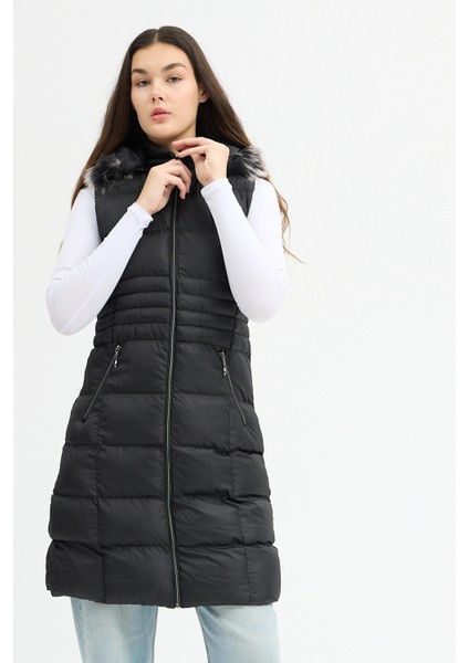Kadın Siyah Kapüşonlu Uzun Şişme Yelek fiyatları