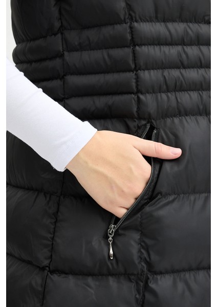 Kadın Siyah Kapüşonlu Uzun Şişme Yelek modelleri