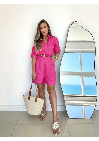 Keten Yazlık Uzun Kol Gömlek Şort Ikili Fuşya Takım modelleri