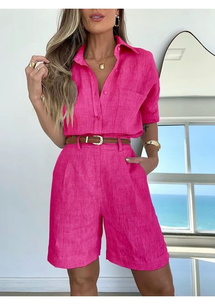 Keten Yazlık Uzun Kol Gömlek Şort Ikili Fuşya Takım fırsatları