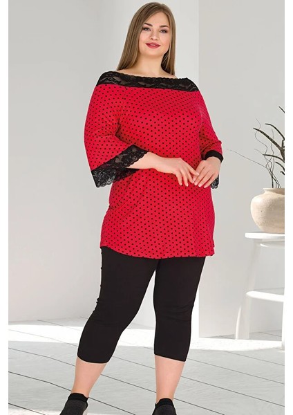 Lady Büyük Beden Kırmızı Kısa Kollu Kapri Pijama Takımı