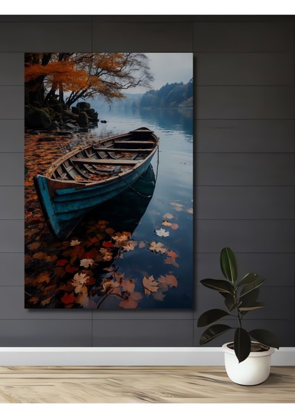 Sonbahar Gölde Ahşap Tekne Yağlı Boya Görünümlü Ahşap Dekoratif Tablo Dikdörtgen Tablo