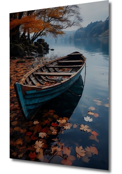 Sonbahar Gölde Ahşap Tekne Yağlı Boya Görünümlü Ahşap Dekoratif Tablo Dikdörtgen Tablo modelleri