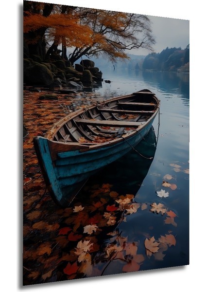Sonbahar Gölde Ahşap Tekne Yağlı Boya Görünümlü Ahşap Dekoratif Tablo Dikdörtgen Tablo fırsatları