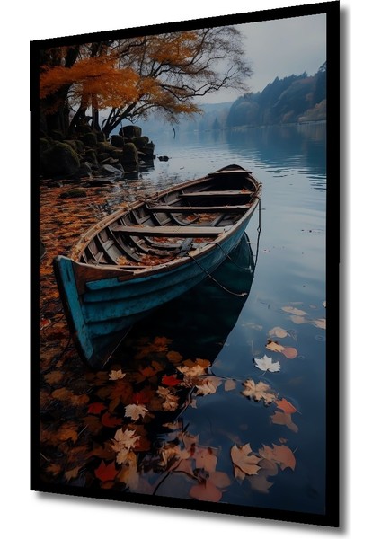 Sonbahar Gölde Ahşap Tekne Yağlı Boya Görünümlü Ahşap Dekoratif Tablo Dikdörtgen Tablo indirimleri