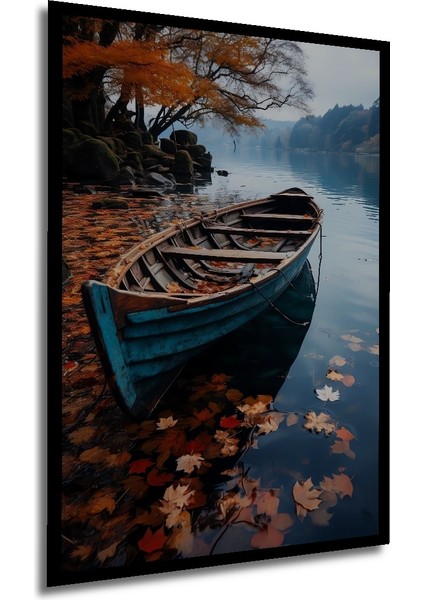 Sonbahar Gölde Ahşap Tekne Yağlı Boya Görünümlü Ahşap Dekoratif Tablo Dikdörtgen Tablo