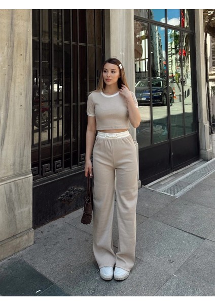 Crop Pantolon Biyeli Takım Bej