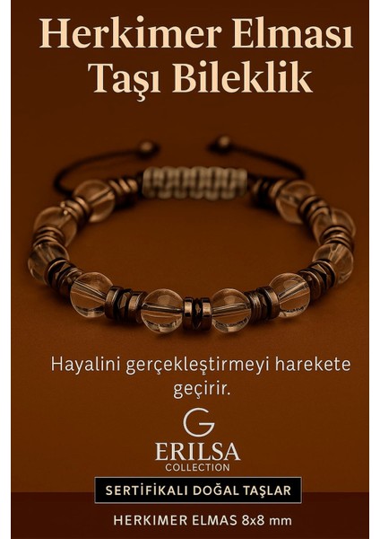 Sertifikalı Herkimer Elması Taşı Bileklik 8x8 mm – Hayalleri Gerçeğe Dönüştüren Enerji Taşı