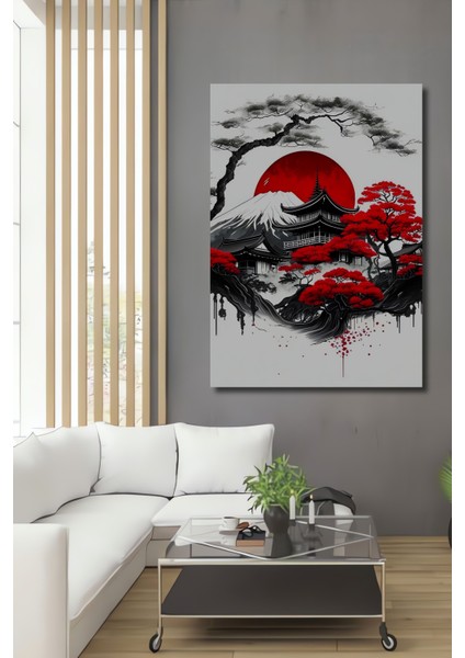 Japonya Temalı Kara Kalem Görünümlü Ahşap Dekoratif Tablo Dikdörtgen Tablo