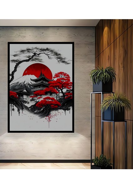 Japonya Temalı Kara Kalem Görünümlü Ahşap Dekoratif Tablo Dikdörtgen Tablo fiyatları