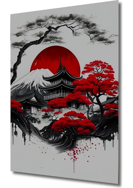 Japonya Temalı Kara Kalem Görünümlü Ahşap Dekoratif Tablo Dikdörtgen Tablo modelleri
