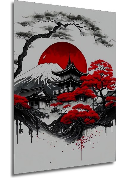 Japonya Temalı Kara Kalem Görünümlü Ahşap Dekoratif Tablo Dikdörtgen Tablo fırsatları