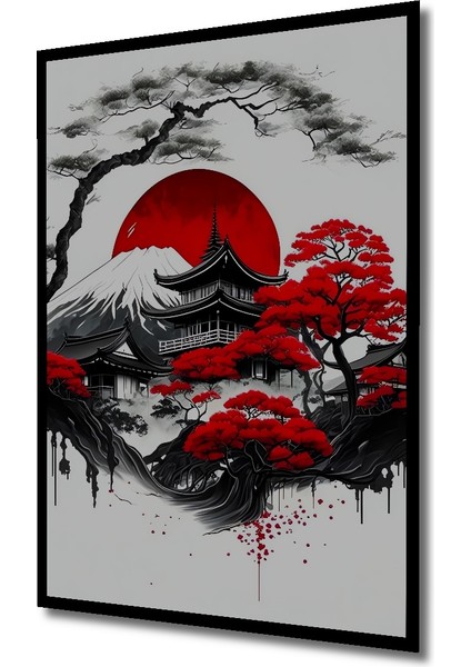 Japonya Temalı Kara Kalem Görünümlü Ahşap Dekoratif Tablo Dikdörtgen Tablo indirimleri