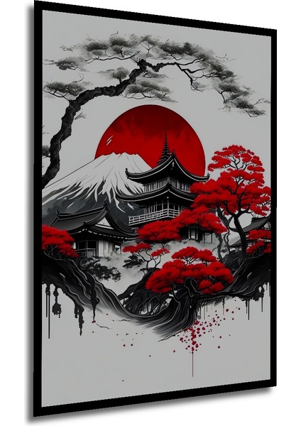 Japonya Temalı Kara Kalem Görünümlü Ahşap Dekoratif Tablo Dikdörtgen Tablo