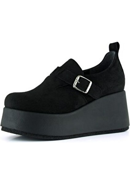 Miyuki Siyah Süet Yuvarlak Burun Lastik Bantlı Dolgu Topuklu Günlük Ayakkabı fırsatları