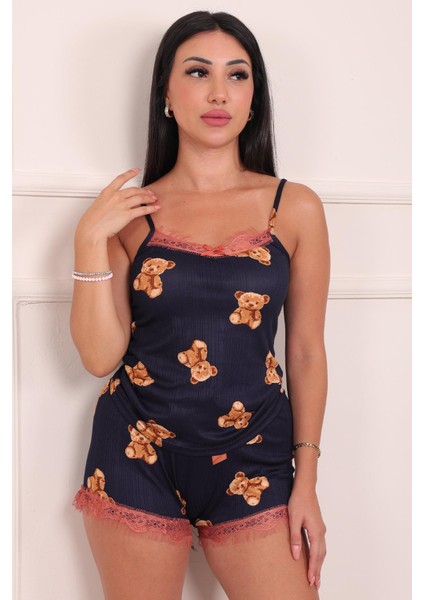 Kadın Teddy Bear Desenli Şortlu Pegasus Pijama Takım Lacivert