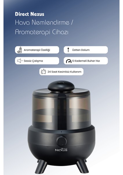 Ultrasonik Buhar Makinesi Humudifier / Aromaterapi Cihazı Diffüzör 2 Litre 6 Kademeli - Siyah Renk