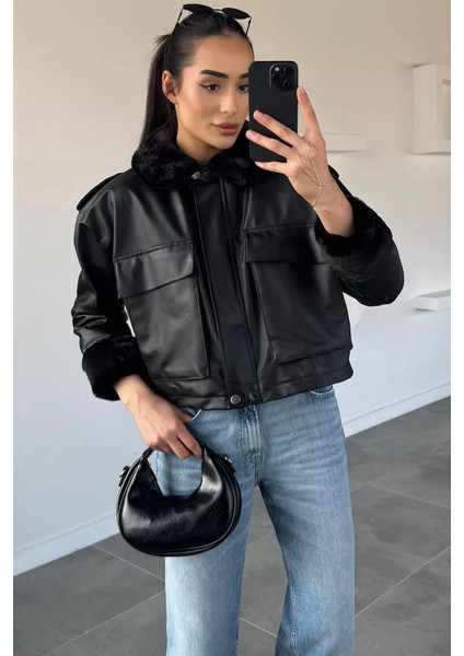 Kadın Bel Lastikli Kürklü Suni Deri Mont P-00019023