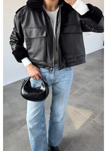 Kadın Bel Lastikli Kürklü Suni Deri Mont P-00019023 fiyatları