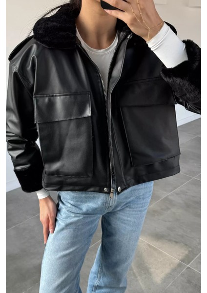 Kadın Bel Lastikli Kürklü Suni Deri Mont P-00019023 modelleri