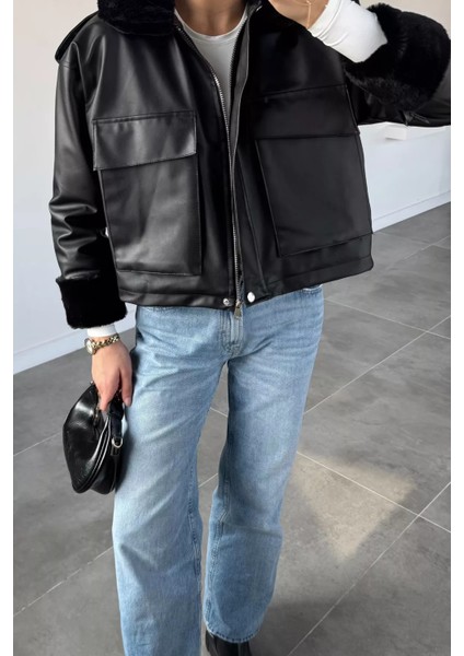 Kadın Bel Lastikli Kürklü Suni Deri Mont P-00019023 fırsatları