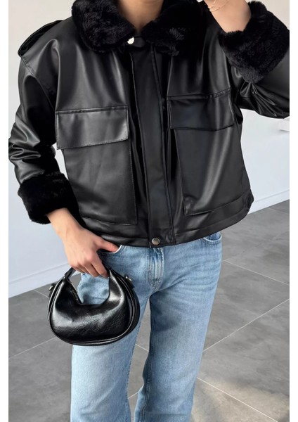 Kadın Bel Lastikli Kürklü Suni Deri Mont P-00019023 indirimleri