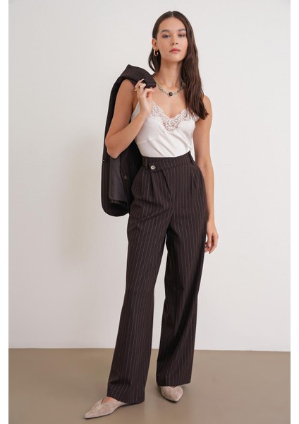 4754 Kadın Çizgili Çapraz Bel Pantolon Kahve