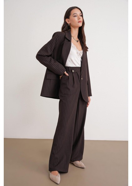 4754 Kadın Çizgili Çapraz Bel Pantolon Kahve modelleri