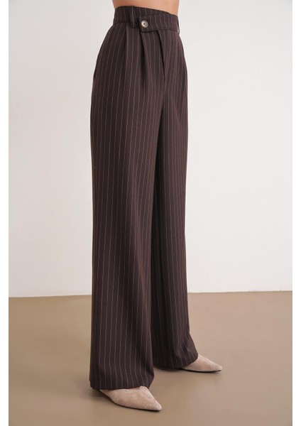 4754 Kadın Çizgili Çapraz Bel Pantolon Kahve fırsatları