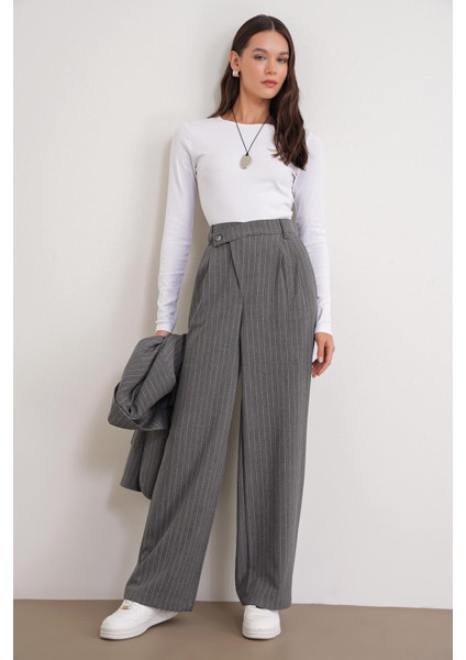 4754 Kadın Çizgili Çapraz Bel Pantolon Gri