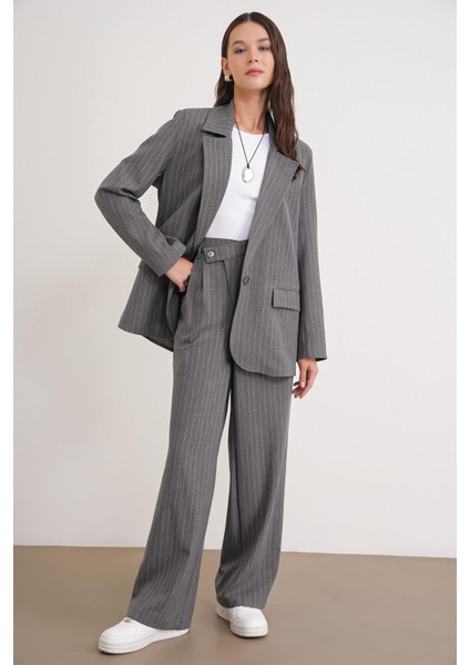 4754 Kadın Çizgili Çapraz Bel Pantolon Gri fiyatları
