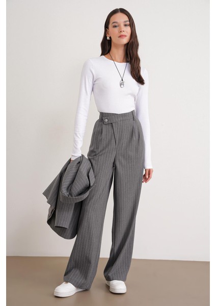 4754 Kadın Çizgili Çapraz Bel Pantolon Gri modelleri