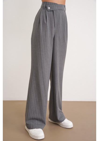 4754 Kadın Çizgili Çapraz Bel Pantolon Gri fırsatları