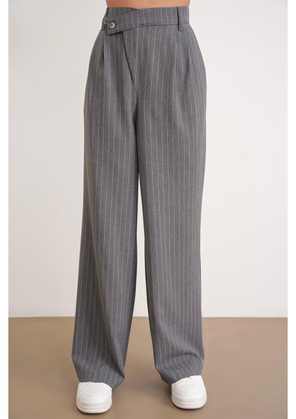 4754 Kadın Çizgili Çapraz Bel Pantolon Gri indirimleri