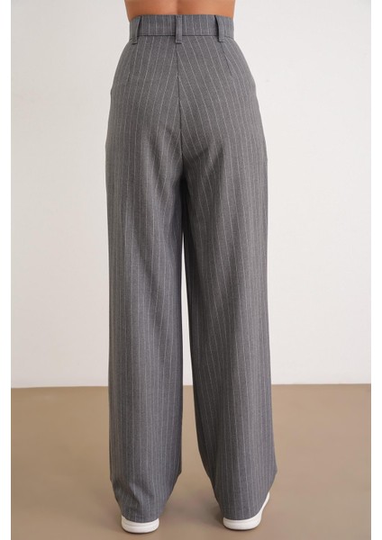 4754 Kadın Çizgili Çapraz Bel Pantolon Gri