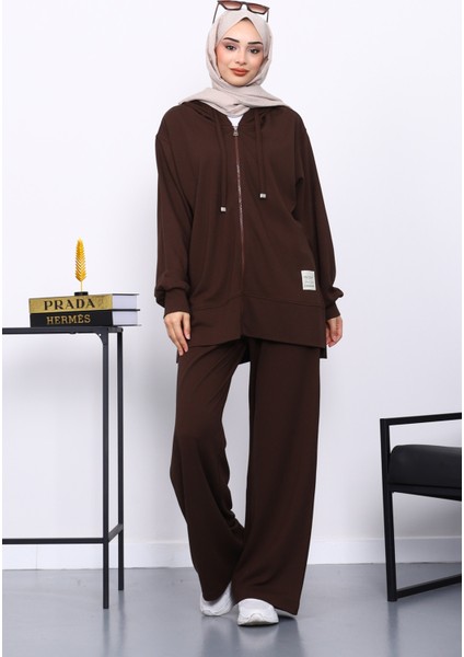 Kahverengi Fermuarlı Tunik Pantolonlu Takım