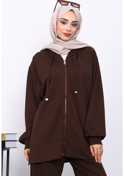 Kahverengi Fermuarlı Tunik Pantolonlu Takım modelleri