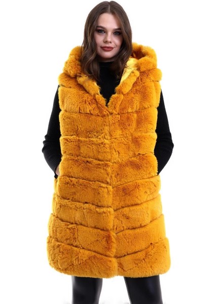 Kadın Kapşonlu Peluş Kürk Yelek Premium Kalite, Tam Astarlı, Uzun Model - Sarı fırsatları