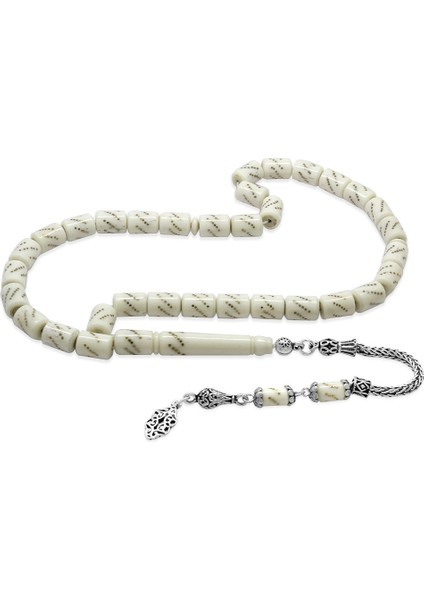 925 Ayar Gümüş Püsküllü Kapsül Kesim Pirinç Işlemeli Deve Kemiği Tesbih