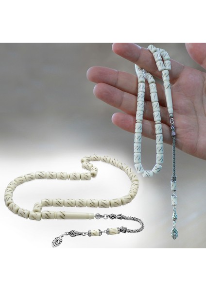 925 Ayar Gümüş Püsküllü Kapsül Kesim Pirinç Işlemeli Deve Kemiği Tesbih fiyatları