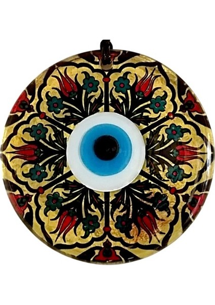 Lale Desenli Altın Varaklı Nazar Boncuklu Füzyon Cam Duvar Dekoru