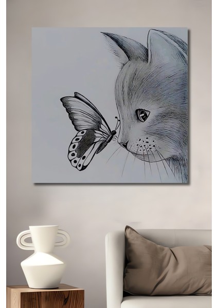 Kedi ve Kelebek Kara Kalem Görünümlü Dekoratif Ahşap Tablo Dikdörtgen Tablo