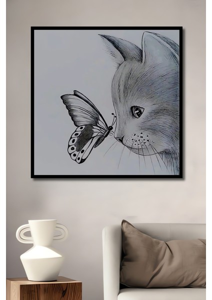 Kedi ve Kelebek Kara Kalem Görünümlü Dekoratif Ahşap Tablo Dikdörtgen Tablo fiyatları