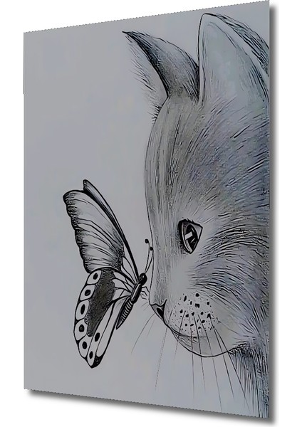 Kedi ve Kelebek Kara Kalem Görünümlü Dekoratif Ahşap Tablo Dikdörtgen Tablo modelleri