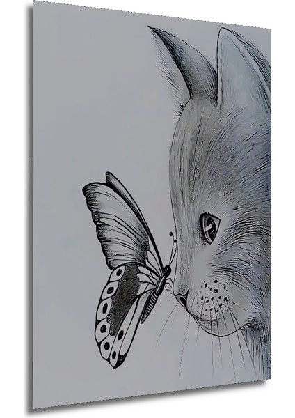 Kedi ve Kelebek Kara Kalem Görünümlü Dekoratif Ahşap Tablo Dikdörtgen Tablo fırsatları