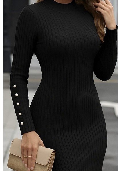 Kadın Uzun Kollu Yarı Balıkçı Yaka Kollar Düğme Detaylı Kısa Şardonlu Kaşkorse Elbise fiyatları